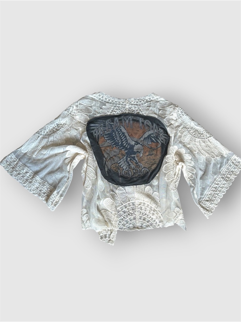 Reworked 1-of-1 Sheer Lace Kimono Eagle Graphic Patch Boho Cardigan - Picture 3 of 5